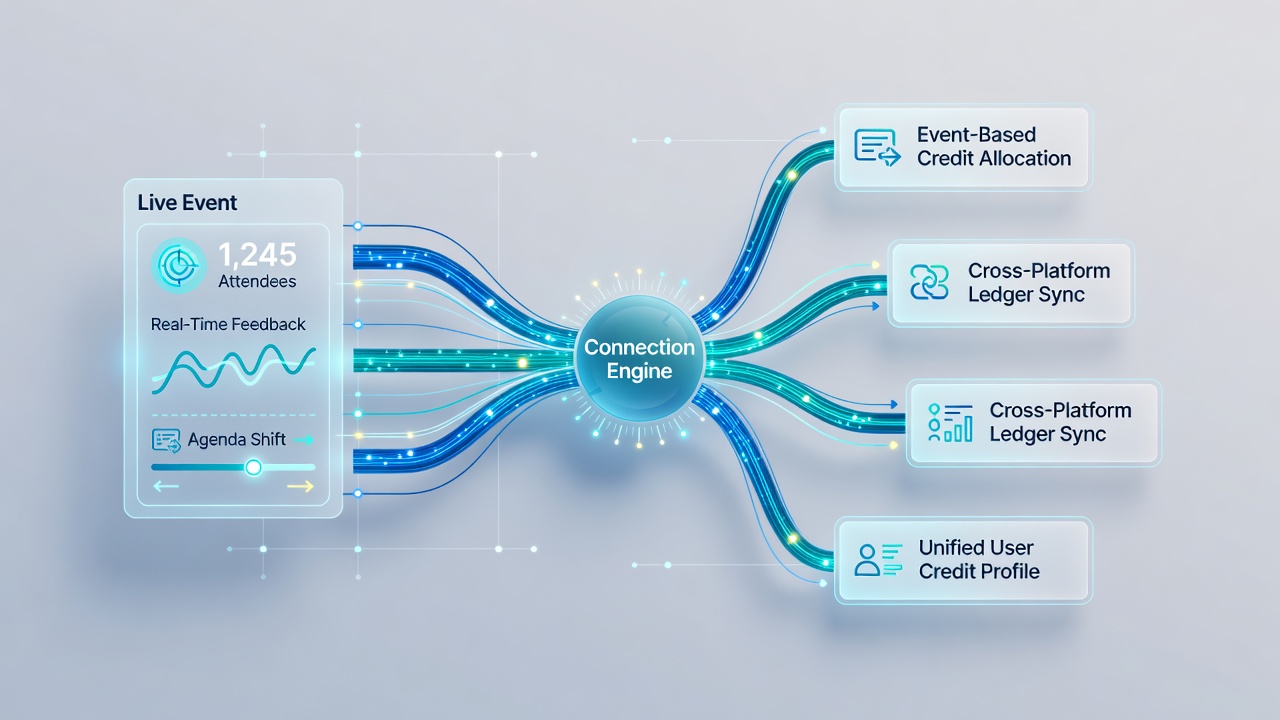 Illustration of data mapping architecture connecting event adjustments to credit platforms