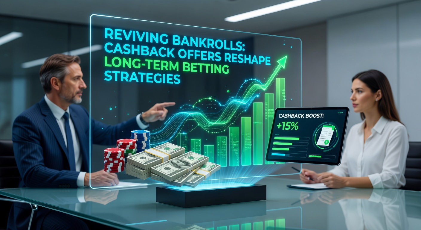Illustration of a bettor's bankroll graph spiking upward thanks to layered cashback rebates over a betting season