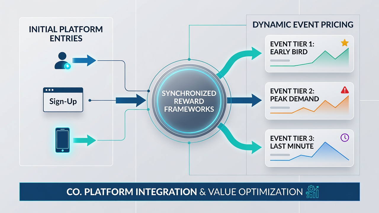 Illustration of cross-platform reward synchronization showing dynamic pricing adjustments and user registration flows