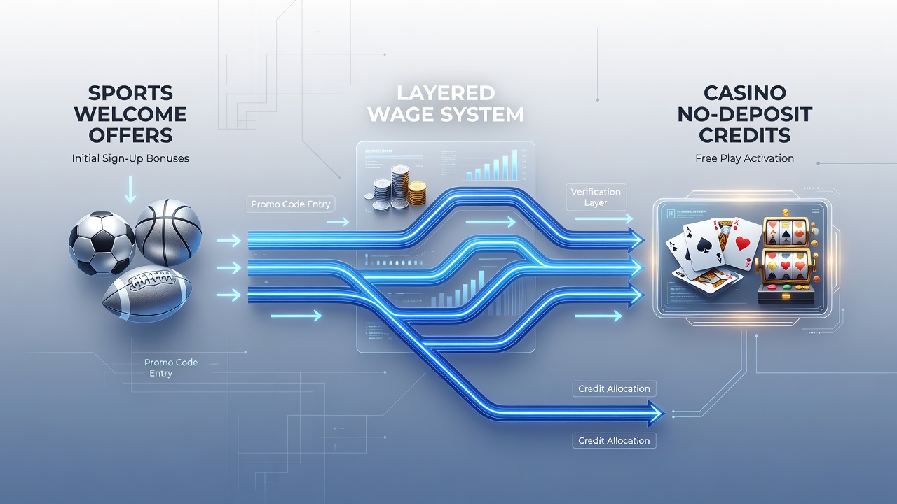 Layered wagering sequences showing promo code progression from sports to casino credits