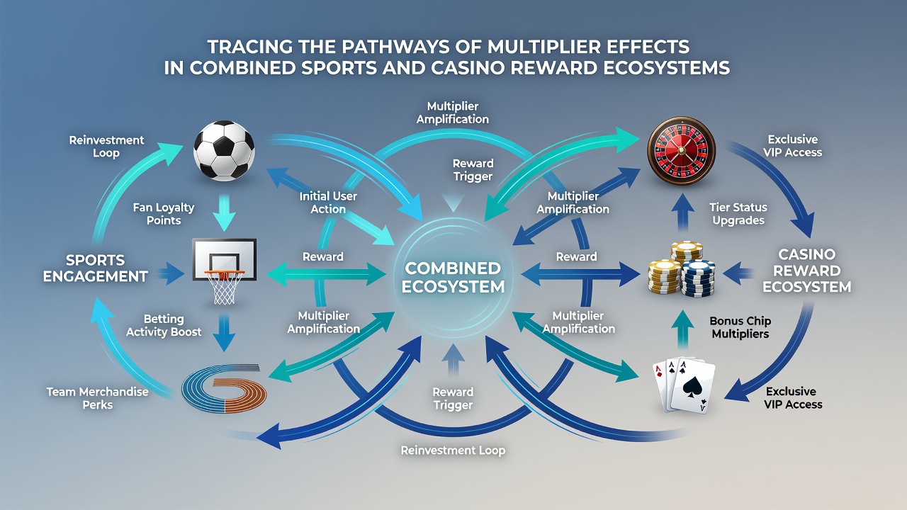 Flowchart illustrating multiplier pathways between sports and casino rewards with arrows showing cross-platform transfers