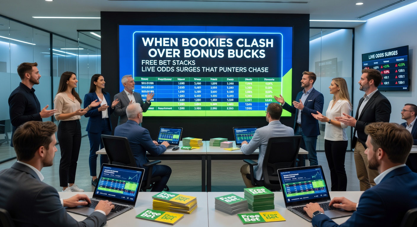 Punters analyzing multiple bookmaker apps on a mobile device, highlighting free bet stacks and live odds fluctuations in real-time